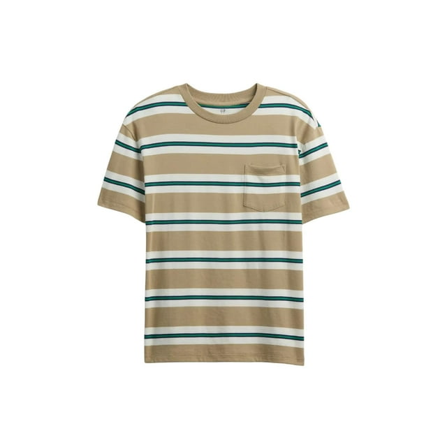 Remera GAP para niños de manga corta con cuello redondo y bolsillo, rayas kaki