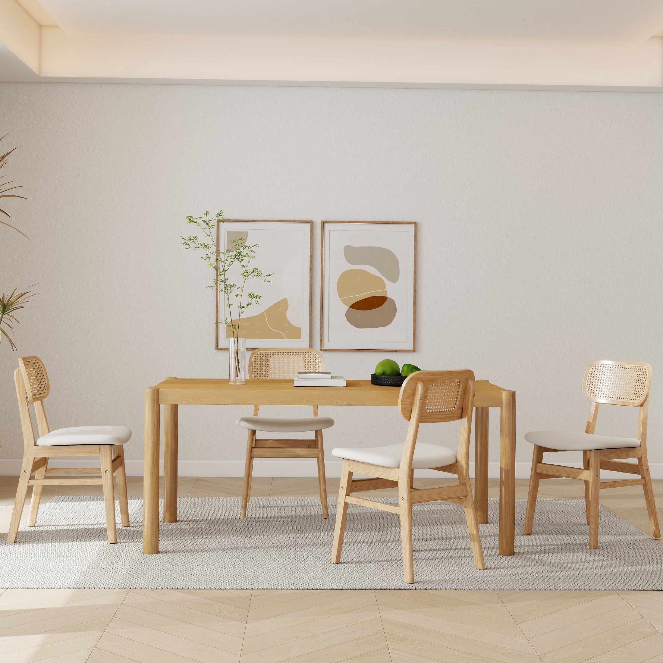 Guyou Rattan Dining Chairs Set of 4, Farmhouse Natural Wooden Dining Side Chairs, Mid Century Modern Linen Upholstered Kitchen Chairs with Cane Back for Dining Room Kitchen Living Room, Beige