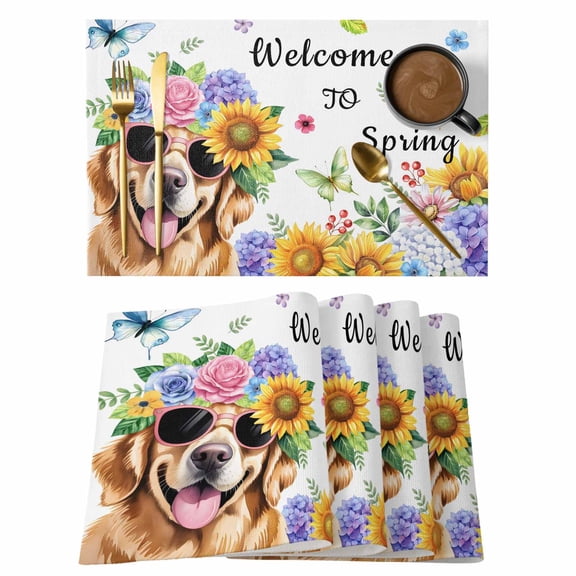 Spring Dog Placemats Set of 4, Watercolor Botanical Floral Sunflower Placemats for Dining Table, Place Mats for Kitchen Tabletop, Waterproof Wipeable Dining Table Mats Set