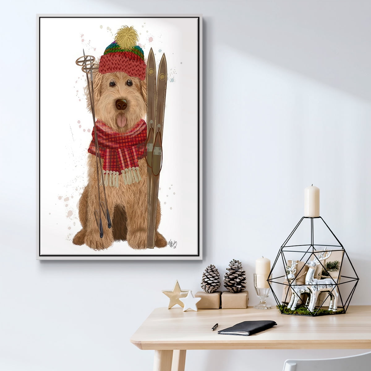 Goldendoodle Ski Dog - Framed Gallery Wrapped Holiday Canvas - 17 x 25 - White Frame