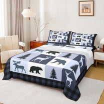 Feelyou Farmhouse Moose Bear Queen Sheet Sets, Retro Navy Stripes Buffalo Flat Sheet, Rustic Tree Botanical Queen Fitted Sheet, Microfiber Bedroom Decor, 4pcs