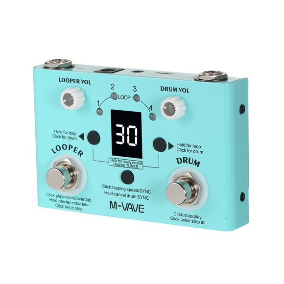 M-VAVE Pédale à Effet TEMPO Perdu Tambour & Boucleur 2-en-1 Boucleur & Machine à Tambour Double Interrupteur à Pied Boucleur Pédale Guitare 30 Tambours & 4 Boucles Tuner Haute Vitesse Réglable