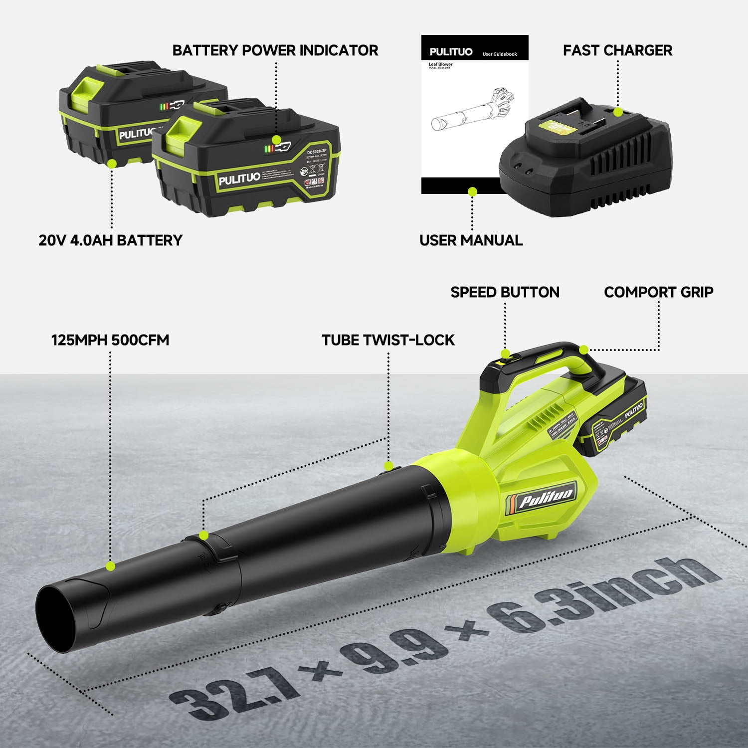 PULITUO Cordless Leaf Blower 500CFM 125MPH, High Power Axial Fan, 2X 4.0Ah Batteries & Fast Charger, Lightweight Variable Speed Battery Blower for Lawn Care, Yard, Patio, Leaves