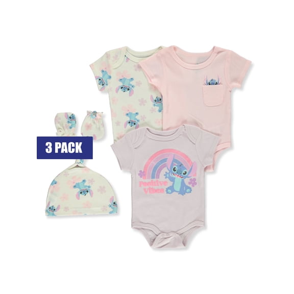 Disney Lilo & Stitch Baby Girls' 5-Pack Bodysuits Mittens Cap Set Color: multi Size: 3 - 6 months