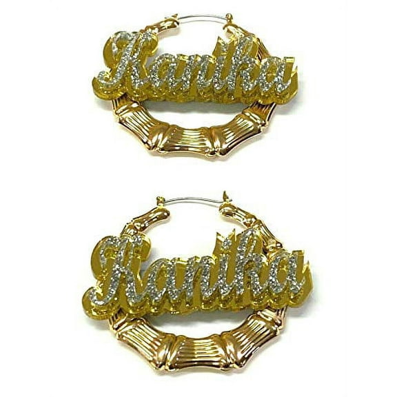 Personalized Custom Gold Hoop Bamboo Earrings Name Plate Laser Cut Design Stunning Look - Quality, Attractive Gold Bamboo Earrings, Made To Order - 2.5 Inches size
