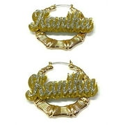 MIRROR MANIA Personalized Custom Gold Hoop Bamboo Earrings Name Plate Laser Cut Design Stunning Look - Quality, Attractive Gold Bamboo Earrings, Made To Order - 2.5 Inches size