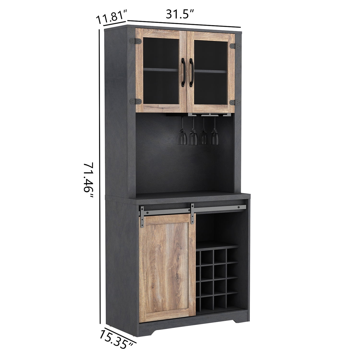 Kadyn 31 Inch Farmhouse Barn Door Bar Cabinet, Kitchen Buffet Storage Cabinet for Dining Room, Black Particle Board Coffee Bar Cabinet