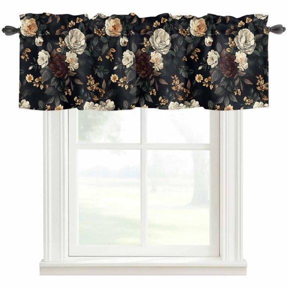 Vintage Black Floral Kitchen Valances for Windows, Spring Seasonal Botanical Blooms Bathroom Window Valances 60x18 Inch Rod Pocket Window Treatments Valance Curtains for Living Room Bedroom Decor