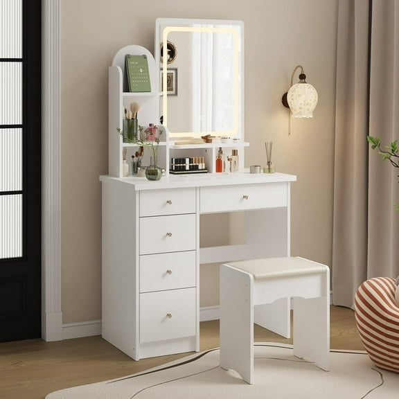 WOODTIME Vanity Set with LED Lighted Mirror, Vanity Dressing Table with 5 Drawers & Shelves, Makeup Desk with Cushioned Stool for Bedroom, White