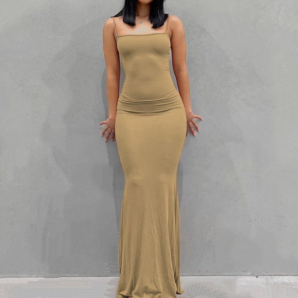 New Fashion Women Sexy Dresses Sleeveless Bodycon Backless Long Maxi Pure Slim Down Honey Peach Hip Suspender Party DressXL Gao Jinjia LED