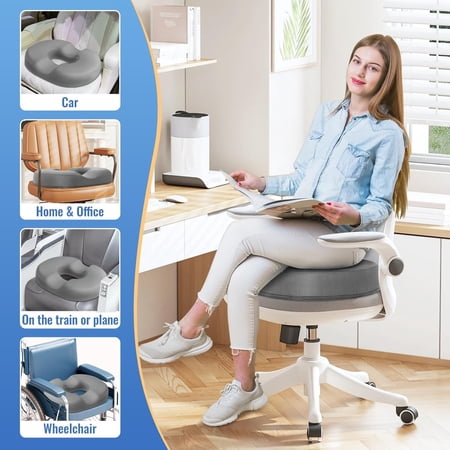 Donut Pillow Seat Cushion Chair Pad for Tailbone Pain Relief and Hemorrhoids, Memory Foam Seat Chair Cushion for Men and Women for Home & Office, (Light Grey-XL)
