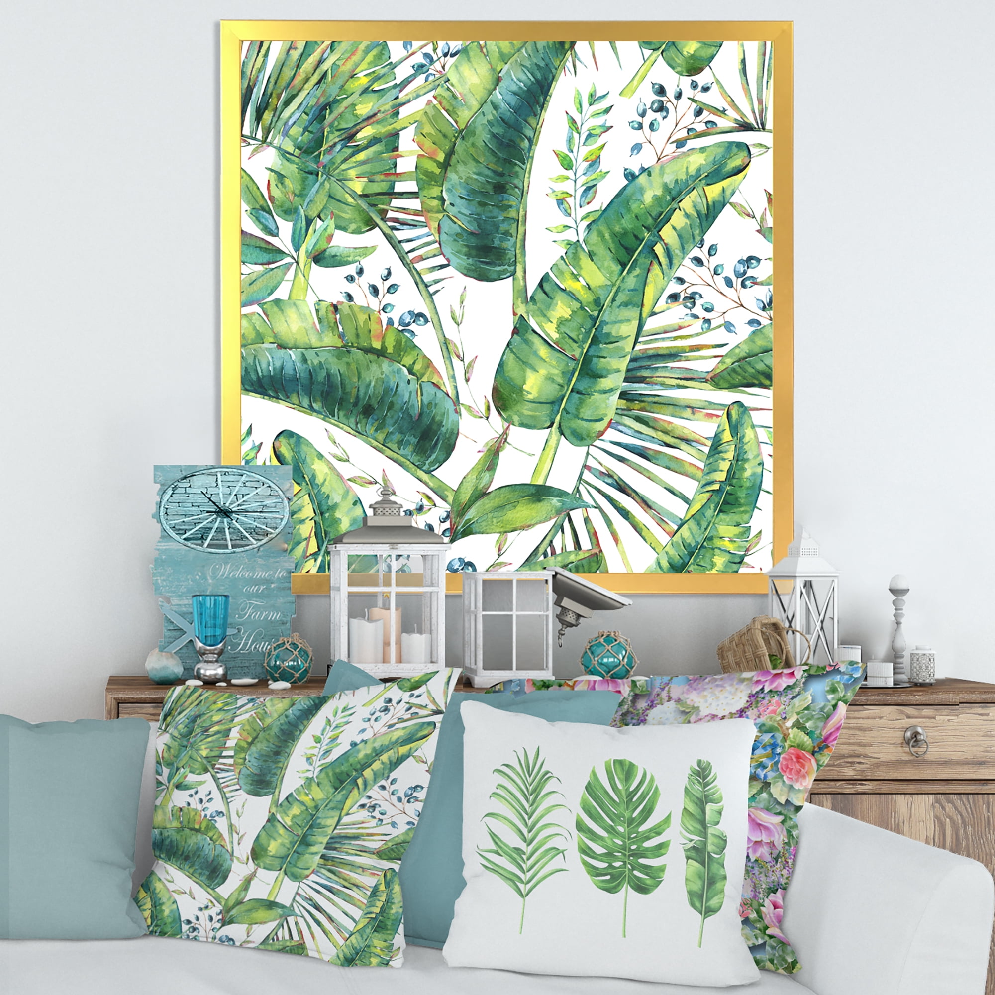Designart 'Ancient Pattern Of Banana Leaves' Lake House Framed Art Print