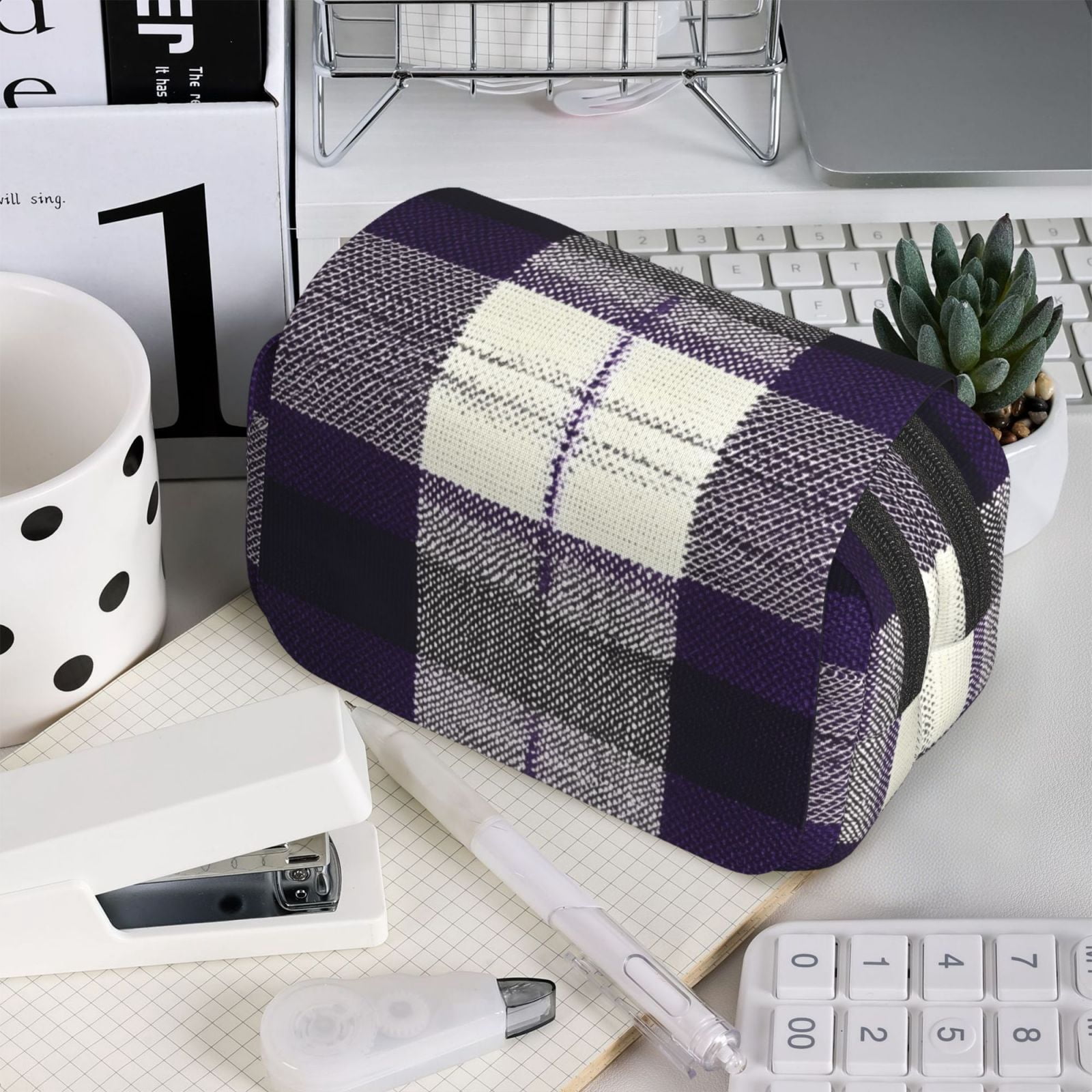 Large-Capacity Flip-Top Double-Layer Pencil Case, Multi-Functional Pocket Pen Case, Durable Stationery Organizer Purple Buffalo Plaid Check Tartan Scotland_2