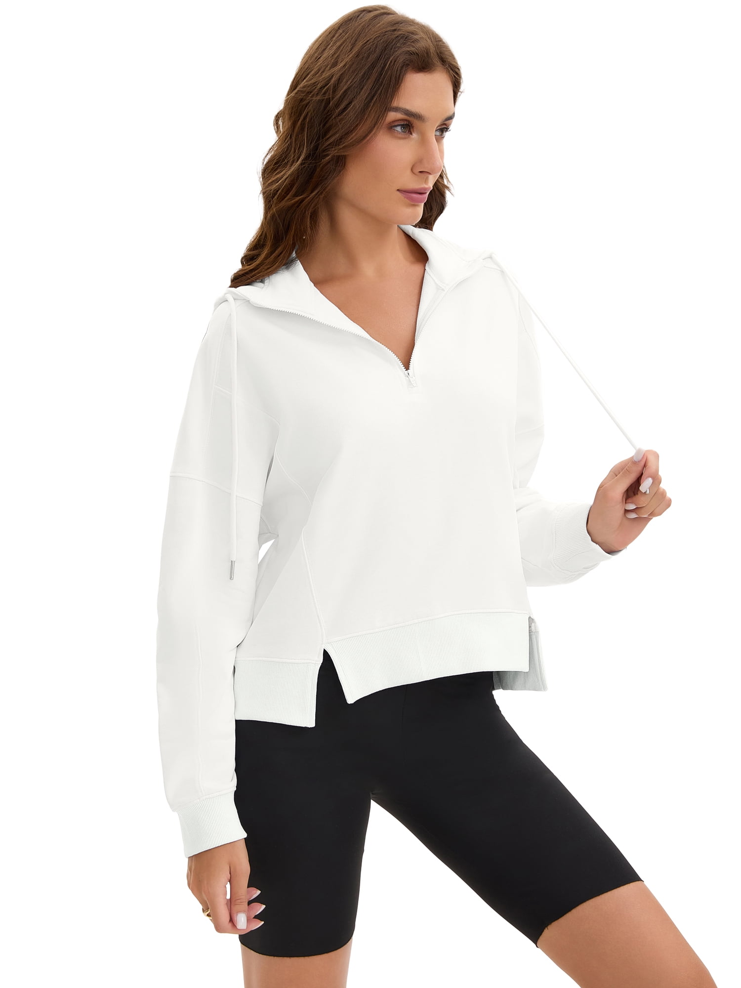 DARING DIVA Women's Stylish Cropped Half Zip Hoodie with Trendy Side Slits L White