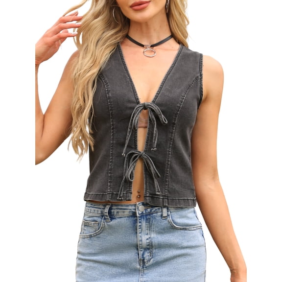 INSPIRE CHIC Jean Vest Top for Women V Neck Tie Front Sleeveless Waistcoat Denim Vests S Black