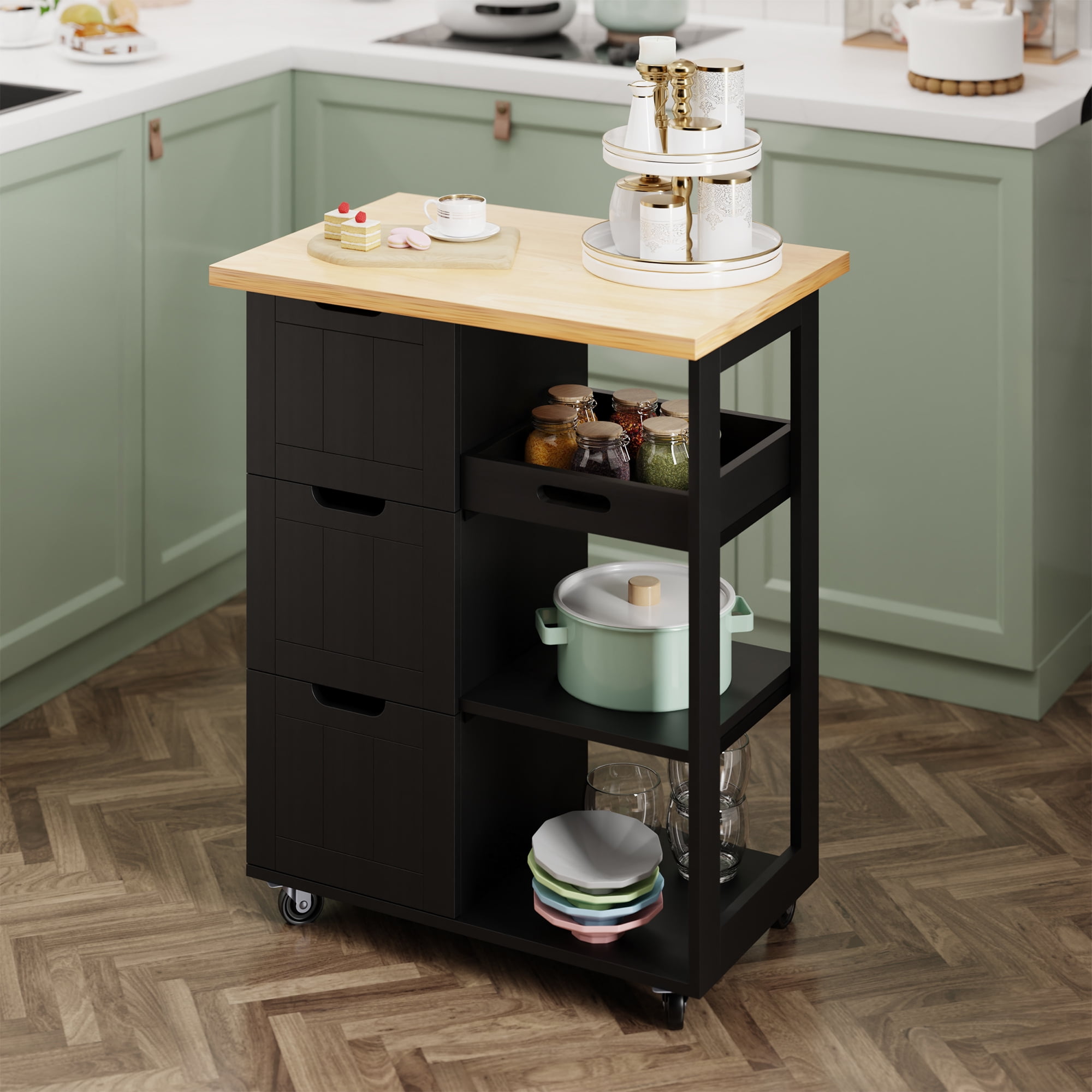 Walsunny Kitchen Storage Island Cart with 3 Open Shelves, 2 Drawers and 2  Cabinets, Kitchen Cart on Wheels with Handle/Towel Rack Black 