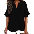 thumbnail image 2 of ClodeEU Women's Faux Linen V Neck Ruffle 3/4 Sleeve Blouse,Casual Loose Fit Solid Color Top Black,Women's Plus S, 2 of 8