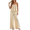 thumbnail image 2 of Cagogo Women's 2 Piece Casual Sets V Neck Sleeveless Tank Top Wide Leg Pants Solid Boho Vacation Outfit Loose Summer Travel Clothes Matching Lounge Sets Tracksuits, Khaki S, 2 of 6