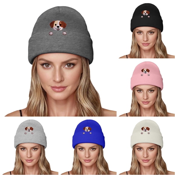 XIAOCHA Thick Fall‑Winter Beanie for Women,Puppy‑Embroidered Outdoor Skullcap,Grey