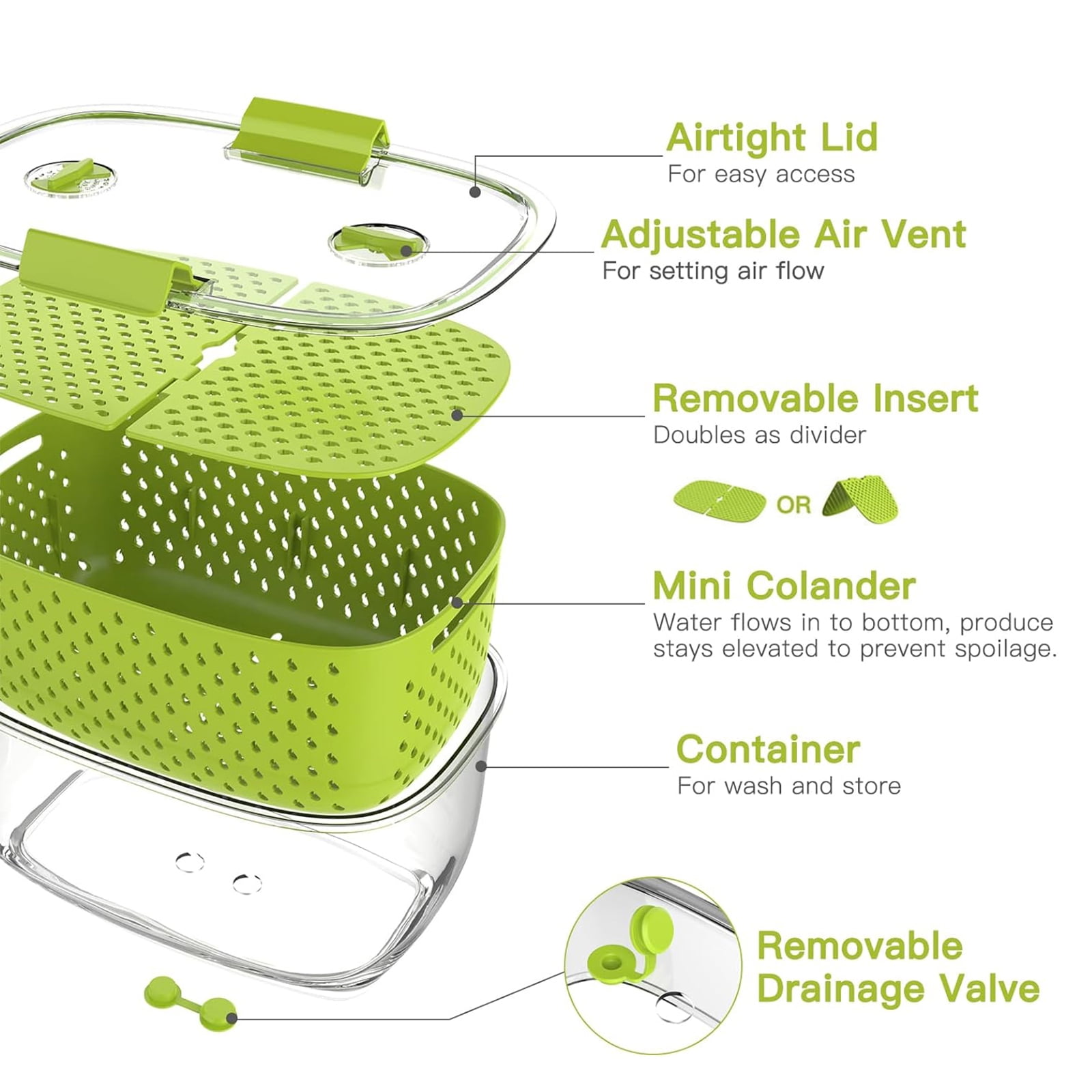 LUXEAR Fresh Container, BPA-free, Partitioned Fruit Storage Container 3 Pack Produce Container for Fridge, Green