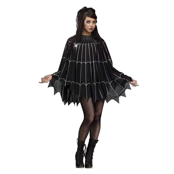 Spider Web Adult Costume Poncho, Black/Silver