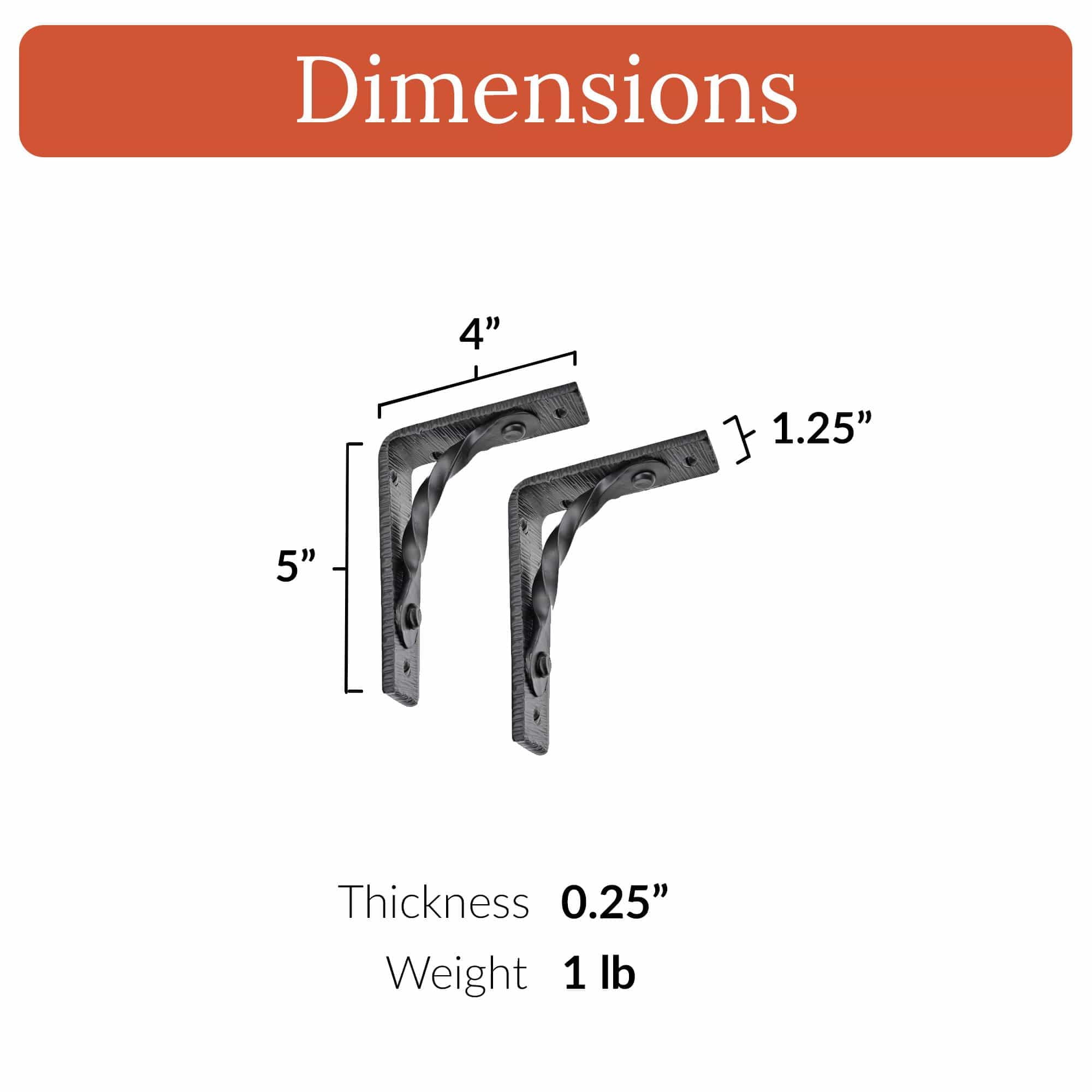 Wall Shelf Brackets Heavy Duty Support 5 inch by 4 inch Hand Forged Wrought Iron for Open Shelves in Hallways, Kitchens, Closets & Garages - The Hacienda Series