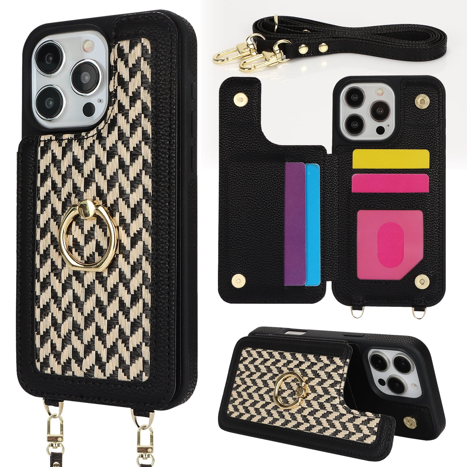 TECH CIRCLE Crossbody Phone Case for iPhone XR (6.1") 2018 Release, Built-in Grip Ring Holder, Flip Wallet Case with 4 Card Slots, Lightweight Protective Slim Case with Shoulder Strap, Black