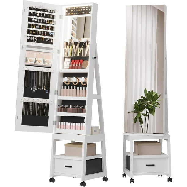 Yeshouse gabinete de joyería con espejo LED 360°, de cuerpo entero 66", organizador con cierre, mesa de maquillaje plegable y 3 estantes de almacenamiento