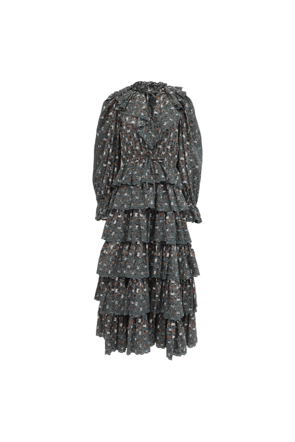 Pre-Owned Ulla Johnson Odile Ruffled Midi Dress in Olive Cotton