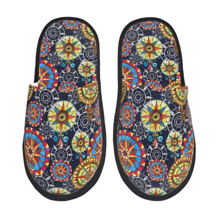 Balery Colorful Compasses Slient Indoor Furry Fleece Comfort House Shoes Soft Non-Slip Home Shoes Cotton slippers House Slippers-- Large