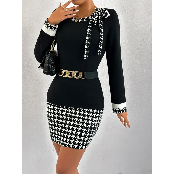 OYYN Dresses for Women Fashion Black Houndstooth Patchwork Long Sleeve Bodycon Mini Dress Elegant Tie Neck Sheath Dress for Office Work Date Night