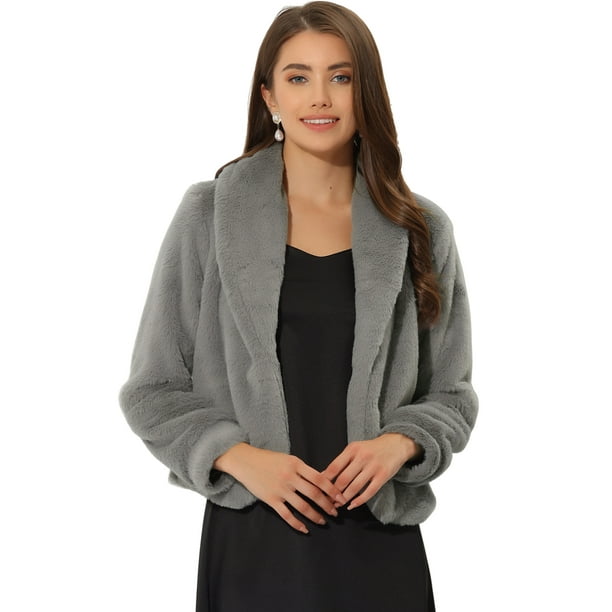 Abrigo esponjoso para mujer, abrigo de invierno de manga larga con lazo automático Gris L