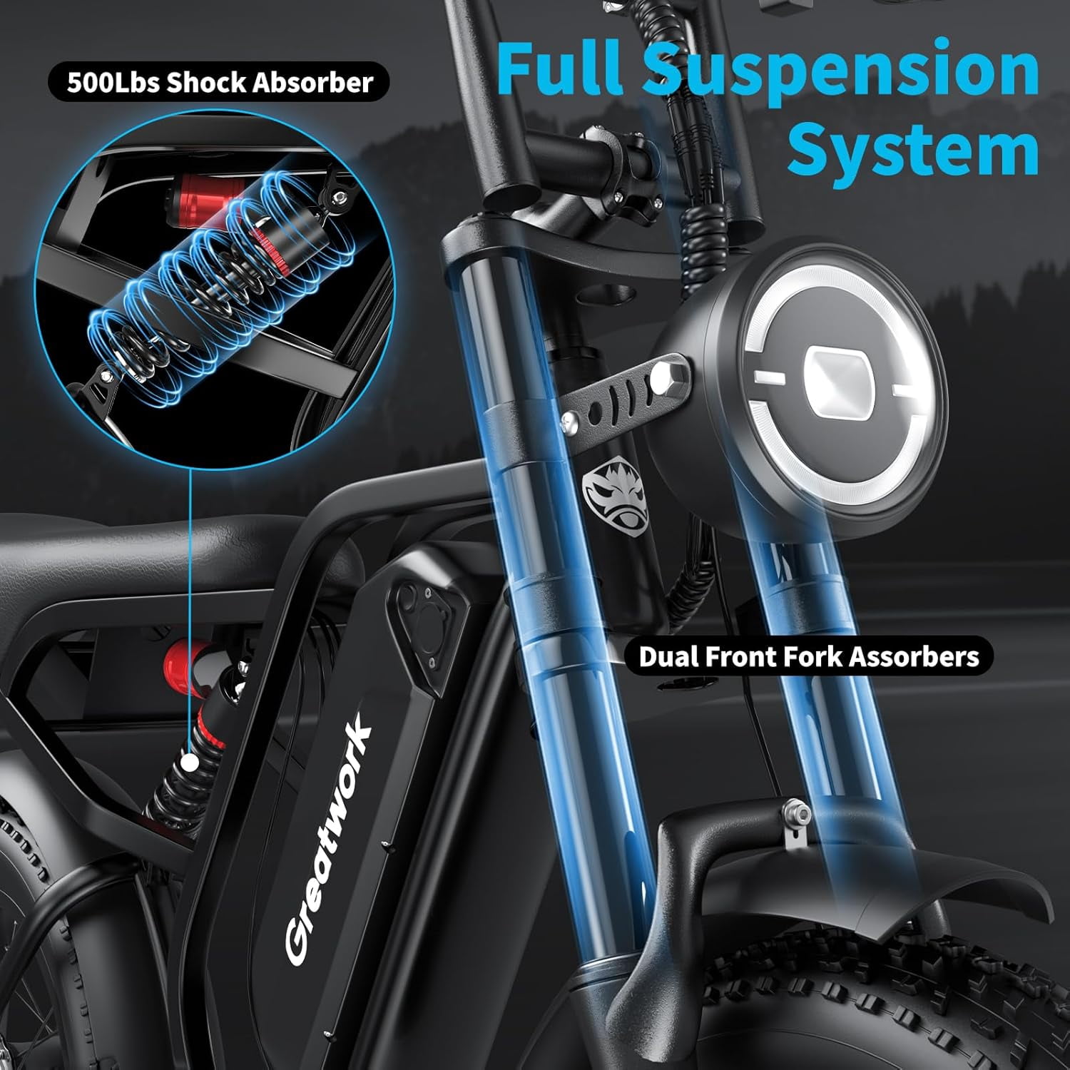 Electric Bicycle Peak 2500W for Adults,37MPH 100Miles, 48V 25Ah, 20*4in Fat Tire 7-Speed Full Suspension Mountain E Bike All-Terrain UL 2849