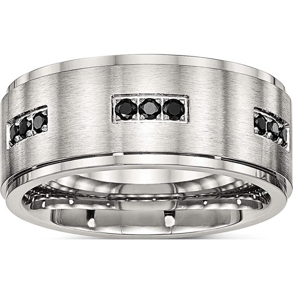 Stainless Steel Polished With Brushed Center Black Cz 9mm Ridged Edge Band (Size 8) Made In China sr584-8