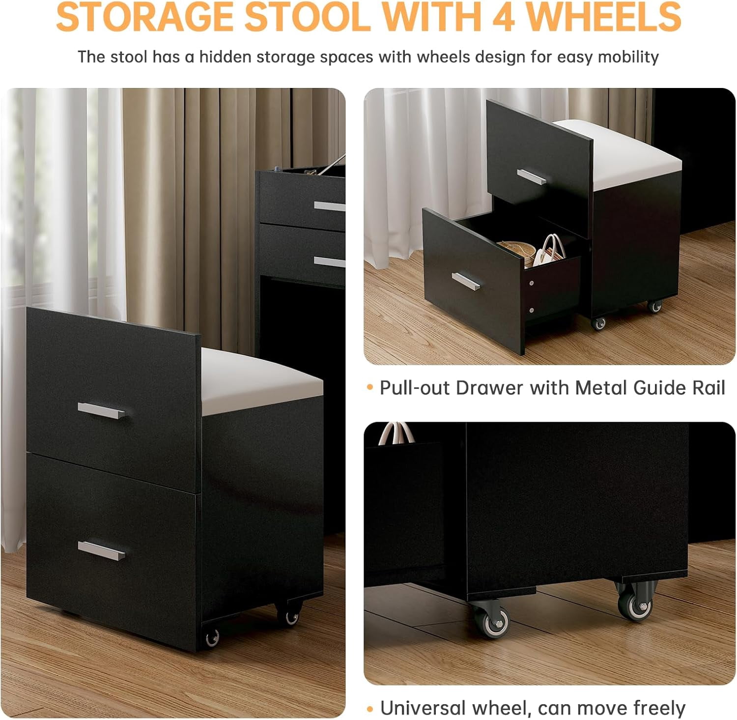 SELOOYE 3 in 1 Vanity Desk, Compact Vanity with 3 Drawers, Makeup Desk with Flip-up 3 Colors Lighting Mirror and Cushioned Stool, Small Vanities Nightstand Perfect for Bedroom, Black