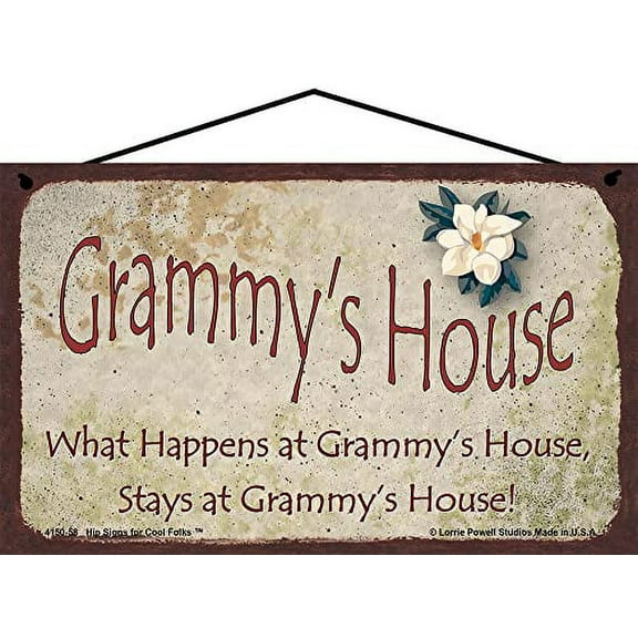 5x8 Grammy's House Sign with Magnolia Flower What Happens at Grammy's House Stays at Grammy's House Vintage Style Decorative Household Family Home Décor Grandma Nickname Gift Signs for any Grandmother