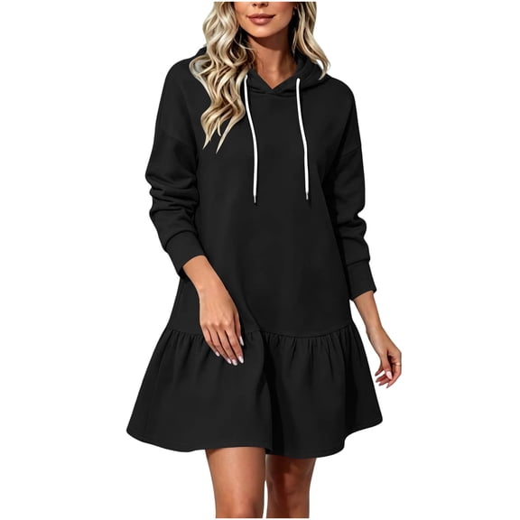 Women's Solid Sweatshirt Hooded Casual Ruffled Hem Peplum Loose Tops Long Sleeves Pullover Hoodies