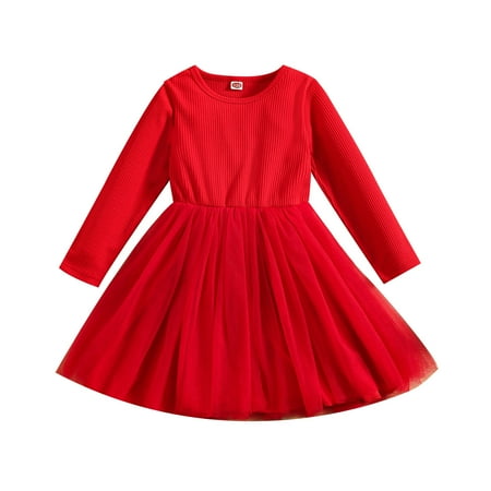 

LBECLEY Father Daughter Dresses for Girls Baby Girls Ribbed Solid Autumn Long Sleeve Tulle Princess Dress Clothes Wedding Dress for Toddler Girl 5T Red 120