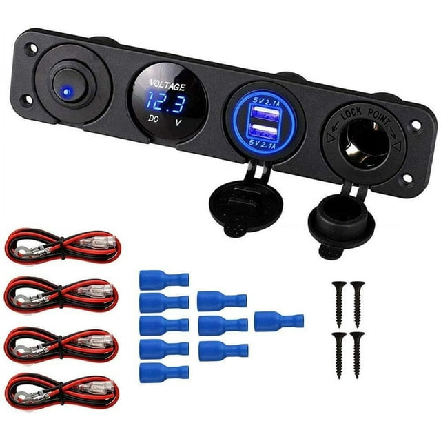 Panel de interruptores para cargador de coche 4 en 1, con función de carga USB dual, voltímetro LED, interruptor basculante de encendido y apagado y toma de encendedor para embarcaciones (2)