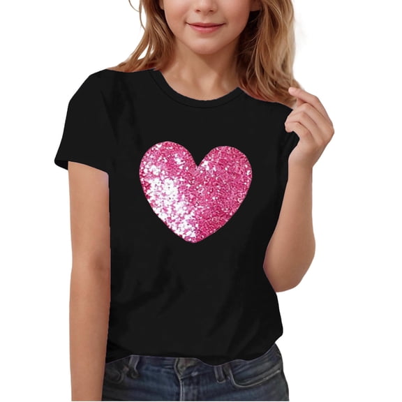 Tops for Girls Trendy Heart Printed Pullover Short Sleeve Shirts Summer Crewneck Casual Tops Size 3-15