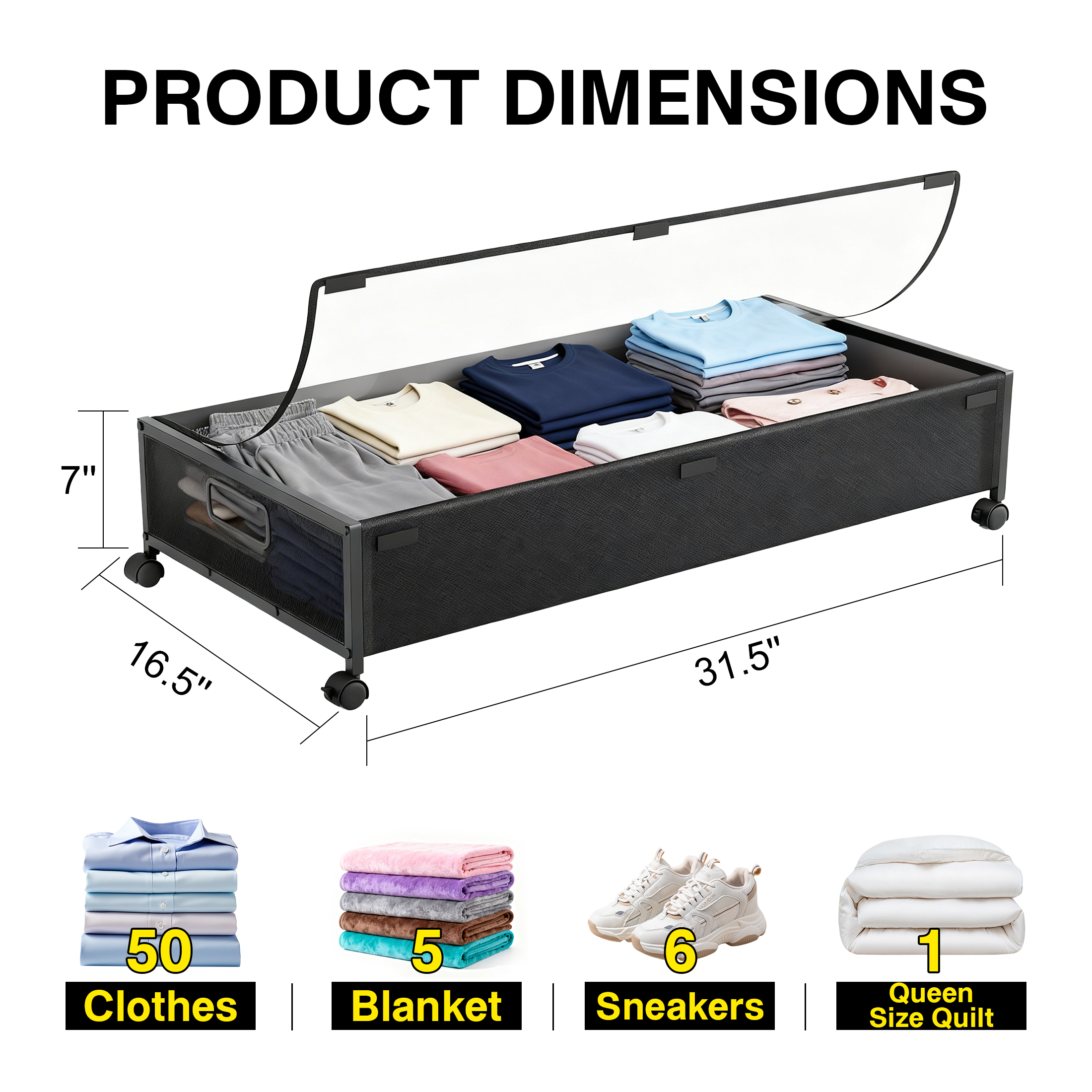 cisilov Under Bed Storage Containers with Wheels, 2 Pack Underbed Shoe Storage Organizer with Clear Lids, Rolling Under Bed Metal Drawers for Clothes, Blankets, Black