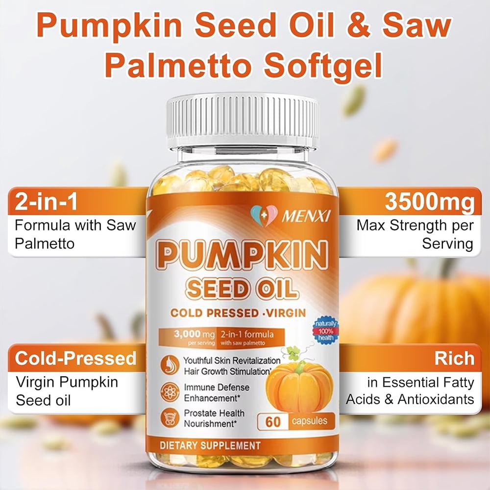 MENXI Pumpkin Seed Oil 3500mg, Cold Pressed Softgels for Hair Growth & Immune Support - 2 Bottles (60 Softgels Each)