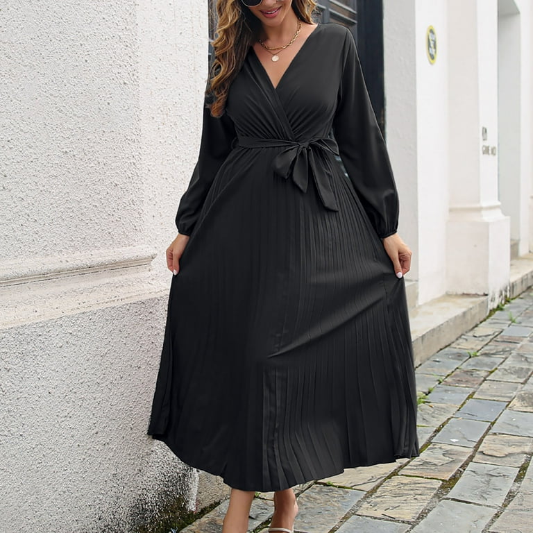 Jerdar Autumn Cross V-neck Pleated Dress for Women, Elegant