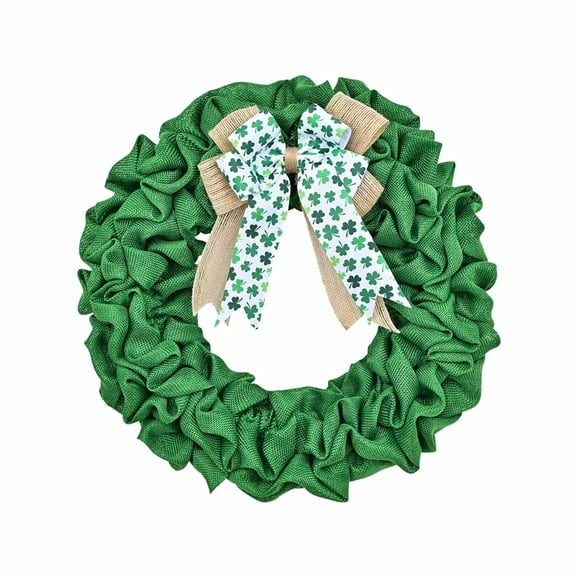 St. Patrick's Day Burlap Wreath - Green Artificial Garland with Three-leaf Bows, Farmhouse Front Door Wall Window Decor for Spring Porch
