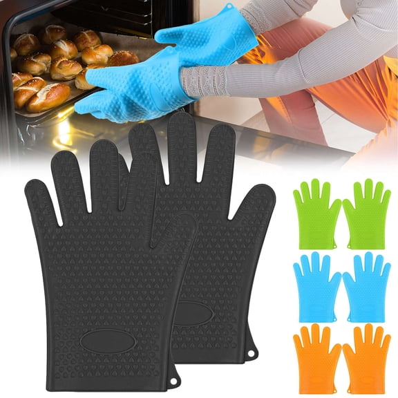 Gustave Silicone Oven Gloves Heat Resistant Grilling BBQ Gloves Non-Slip Waterproof Kitchen Gloves Oven Mitts with Fingers for Cooking, Barbecue, Smoker - Black