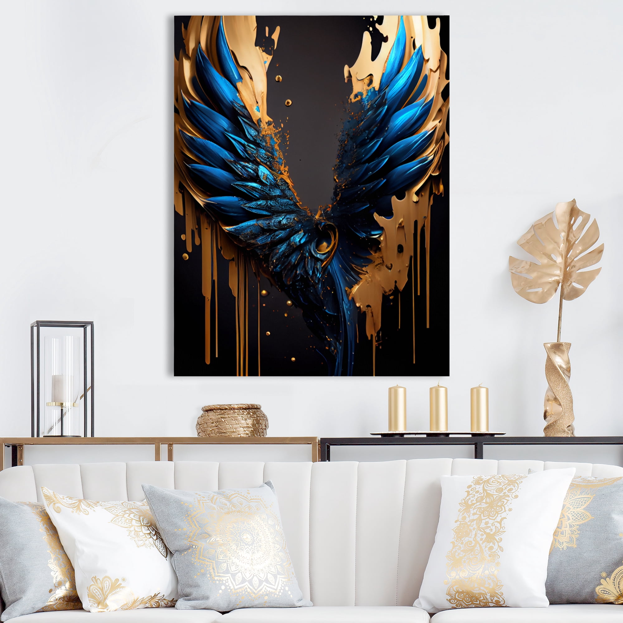 Designart Blue And Gold Angel Wings II Canvas Wall Art