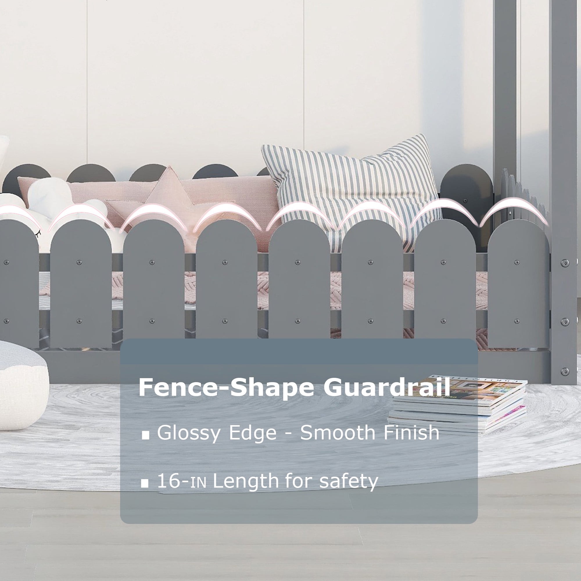 Gewnee Full Size Montessori Bed with Fence, Kids Wood House Bed Frame,Gray