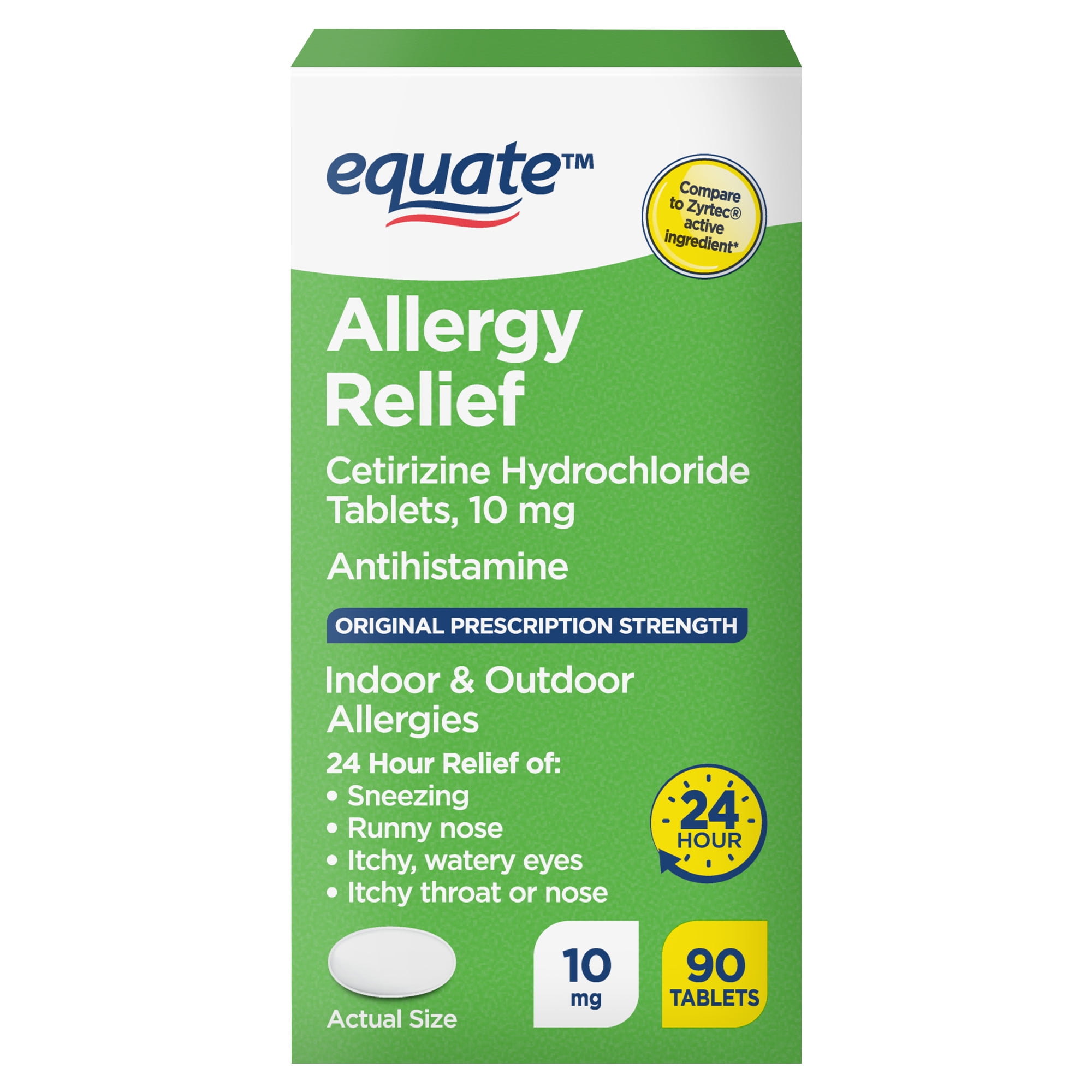 Equate 24 Hour Cetirizine Hydrochloride Allergy Relief Tablets, 10 mg, 90 Count