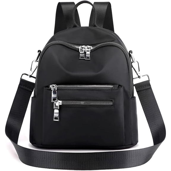 Mini Nylon Backpack Purse for Women, Small Lightweight Daypack with Detachable Shoulder Strap, 9.4x9.8x3.9 Inch-black-