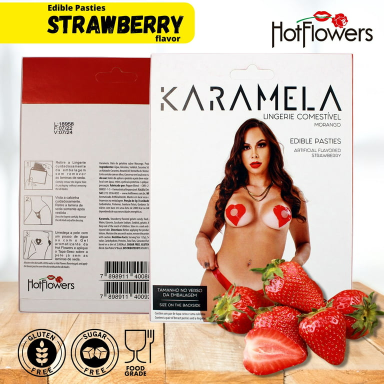 Hot Flowers Set Edible Pasties Karamela for Women – Sexy Candy Lingerie  Underwear Nipple Covers – Eatable Pasty Panties and Bra - Pack with 2 Units  Strawberry Flavor 